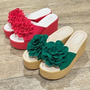 Floral Wedge Sandals - Pink and Green